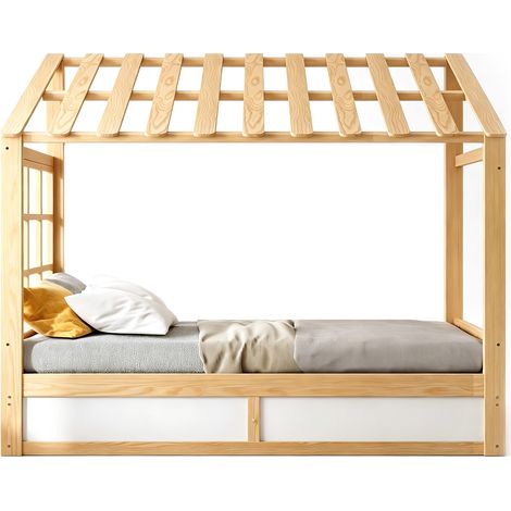 Lit enfant style champêtre 90x200 cm avec toit, fenêtres, coffre hydraulique et rangements latéraux, bois et blanc (1/5)
