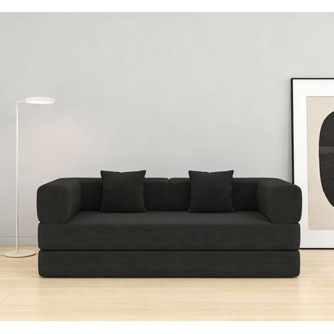 Canapé-lit convertible avec oreiller cylindrique, matelas pliant en velours côtelé avec structure fixe, canapé de sol pour salon, chambre ou studio, noir (1/4)