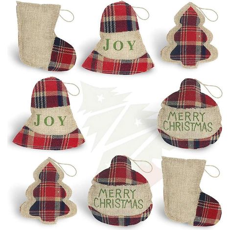 Set mit 8 Jute-Weihnachtsdekorationen, lustige und originelle Mini-Weihnachtsbaumdekorationen.