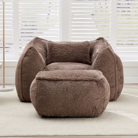 Pouf géant en fausse fourrure pour adultes et enfants, avec coussin et repose-pieds, idéal pour lire et jouer dans une chambre ou un salon. Couleur kaki. (1/5)