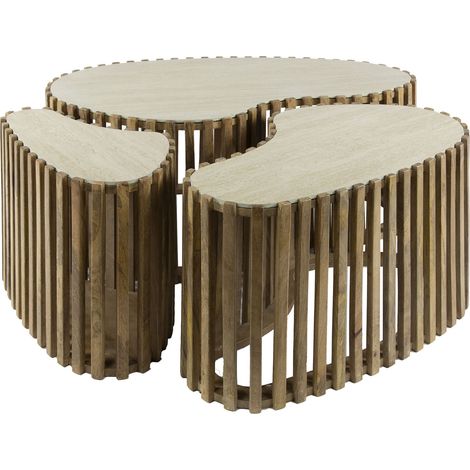 ORSA - Lot de 3 tables en céramique beige et bois de manguier massif (1/3)