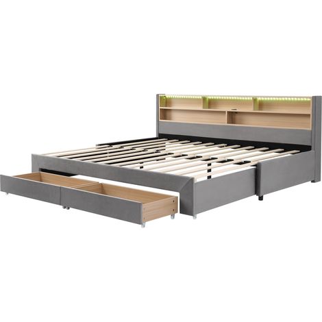 Lit gigogne 90x200 cm en velours gris avec 2 tiroirs, USB et éclairage LED, extensible à 180 cm sans matelas (1/5)