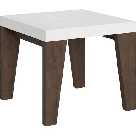 Petite table carrée extensible bois blanc et noyer 90 à 246cm Naxo-Pied et support sur roulettes (1/5)