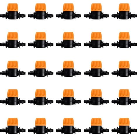 25 Pièces 4/7 Vanne D'irrigation, Mini Valves de Contrôle pour Tuyau d'arrosage 4/7mm, Valves d'arrêt Cannelées 1/4 Pouce Tuyau d'irrigation Goutte à Goutte, Mini Tuyau Vanne d'eau Travers (1/5)