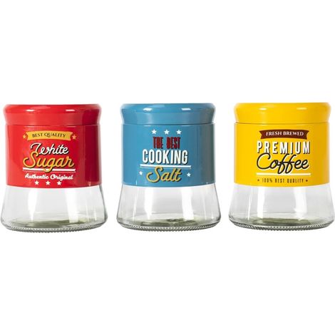 TrAdE Shop Traesio - Set 3 Pz Barattoli In Vetro Latta Decorati Con Etichette In Stile Vintage Capacità 700 Ml - (1/2)