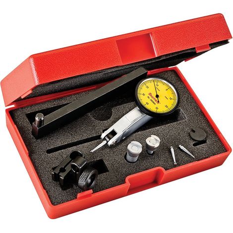 Starrett 3809MAC - Comparatore con braccio tastatore, quadrante giallo, 32 mm DRM, range 0,8 mm, grado 0,01 mm, più 4 accessori e 2 dispositivi di fissaggio extra