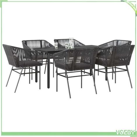 Ensemble à manger de jardin - 3334615 - 1 table + 6 chaises - poly rotin noir - plateau verre trempé, coussins lavables (1/5)