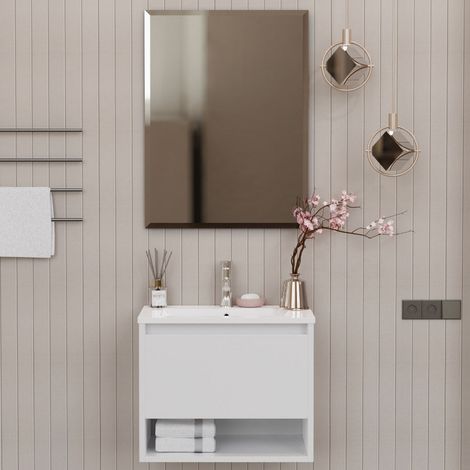 Mobile Bagno Sospeso 60 cm Lavabo e Specchio Milano Bianco Lucido (1/4)