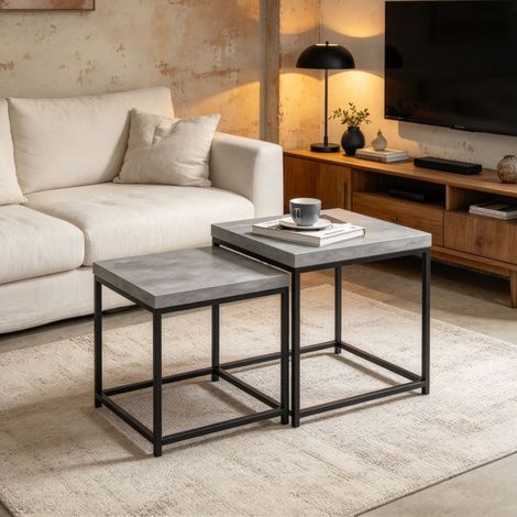 Lot de 2 tables basses gigognes 45x45 cm, tables d'appoint carrées avec plateau effet bois et structure métal noir, tables salon modernes - Gris (1/5)