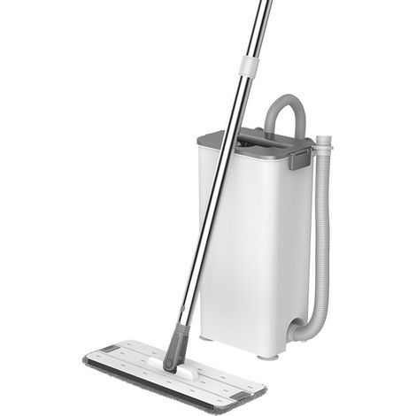 Freihändiger Flachmopp mit 3 Wischtüchern, Nass-/Trockennutzung, effizientes Schabe-Eimer-System für Holzböden, verbreiterte 40 cm Basis und dicker, verstärkter Eimer. (1/5)