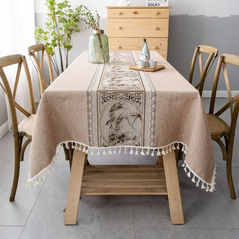 Elegante bedruckte Tischdecken im chinesischen Stil, waschbare Tischdecke aus Leinen für Familienfeste (Braun-Modern, rechteckig/oval, 140 x 180 cm) (1/5)