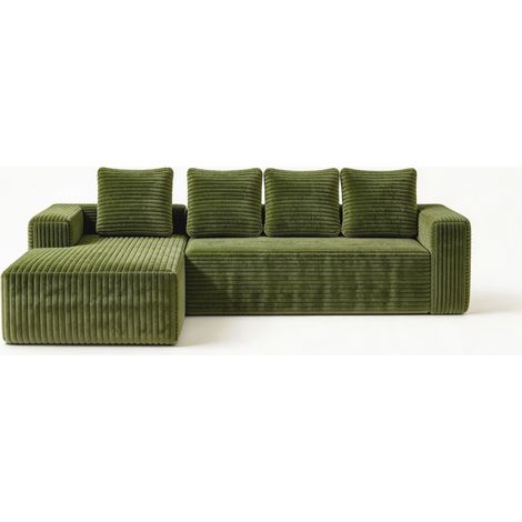 Modulares L-Sofa mit Chaiselongue rechts, grüner Cord-Samt, 261 x 171 x 58 cm (1/5)