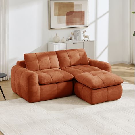 Canapé d'angle modulable 2 places en chenille, assise confortable de 54 cm, design matelassé, base antidérapante, sans montage, pouf inclus, orange (1/5)