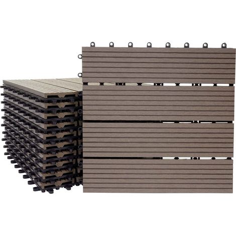 Carrelage de sol WPC balcon terrasse aspect bois 11 pièces 30x30cm 1m² décalage en teck linéaire couleur café 040005434 (1/5)