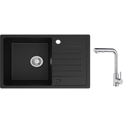 Cecipa Evier 1 Bac avec Egouttoir, Evier de Cuisine en Quartz et Résine 78x45cm Grande Capacité Evier Noir + Mitigeur Cuisine avec Douchette Extractible - 2 Jets aux Choix - Brossé (1/5)