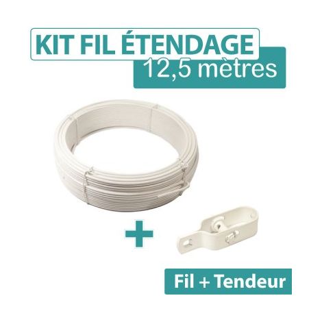 Cloture & Jardin – Kit d'étendage extérieur en acier plastifié blanc 12,5 m – Fil de 2,75 mm avec tendeur n°3 – Résistant aux intempéries
