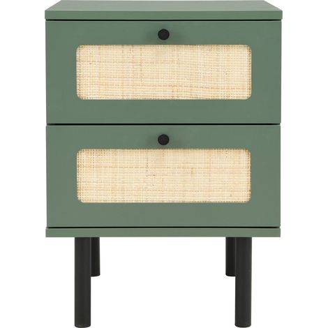 Table de chevet 2 tiroirs vert et cannage 40 cm - Luma
