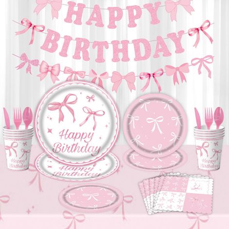 Pink bow theme birthday party atmosphere layout flag tray tableware full set of disposable plate tableware tablecloth suitable for birthday Valentine's Day bachelor party wedding party. (1/5)