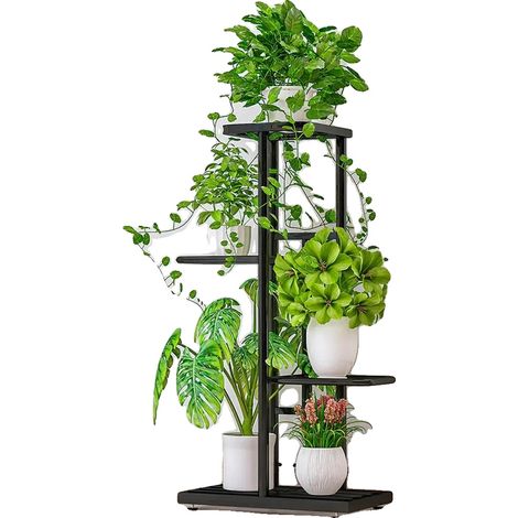 Soporte para plantas, estructura metálica de 4 niveles, diseño que ahorra espacio, gris oscuro. (1/2)