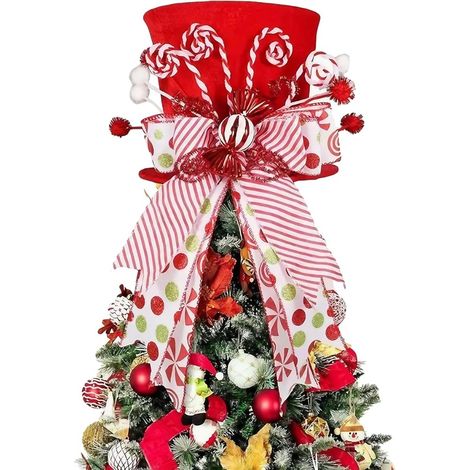 Chapeau De Sommet D Arbre De Noël - Chapeau Topper En Velours Avec Nœuds En Ruban À Rayures Menthe - Décoration De Noël Pour Arbre (1/5)