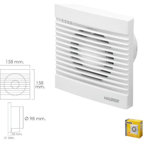 MAURER extractor humos baño 13 watt. salida ø 98 mm. , Ventilador Extractor humos, aire, humedad, olores- Diámetro salida: 98 mm.- Potencia: 13 Watt.- Ruido: 33 D (1/2)