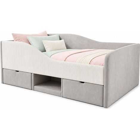 Lit enfant 90x190 capitonné avec deux tiroirs, rangement ouvert et barrière de sécurité en velours gris, montage facile pour chambre d'enfant - CHICFURN (1/5)
