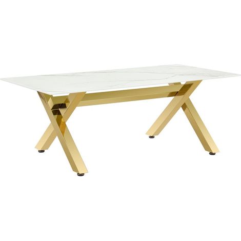 Table Basse IXE Métal Gold Plateau Verre Trempé Marbré Blanc 120x60x45cm (1/5)
