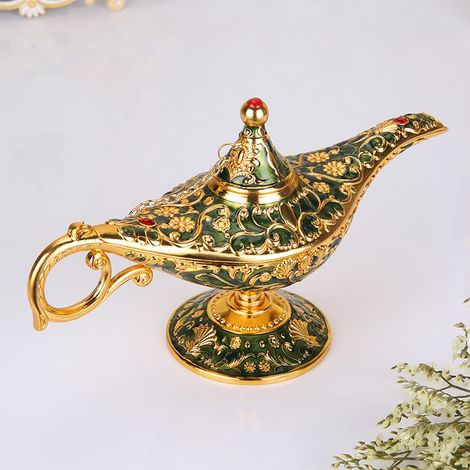 Lampe Aladdin (verte) en étain, artisanat européen vintage (1/2)