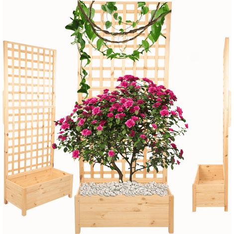 MODO24 Jardinière avec treillis pergola en pin, sur pieds, bac à fleurs 190x80x40 cm, jardin/balcon/terrasse, naturel (brut)