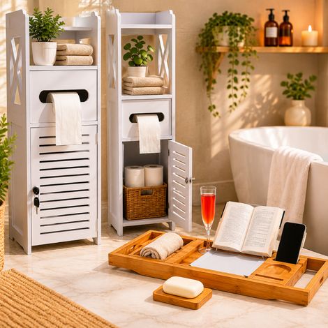 Set de spa para bañera de bambú (2 piezas): organizador extensible para la bañera y mueble de suelo con cerradura (1/5)