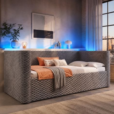 Sofá cama 90x200 cm de terciopelo gris con almacenaje y LED para dormitorio, FloraGrace (1/5)