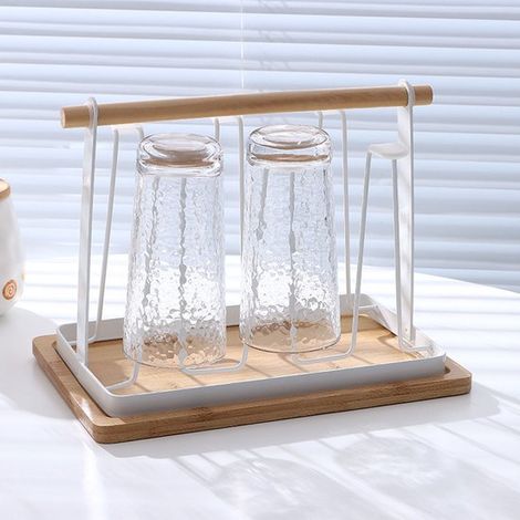Estante para copas de vino，estante de madera para almacenamiento de copas，soporte para vasos de hierro forjado blanco con escurridor (1/3)
