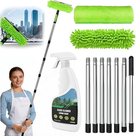 Raclette Vitre avec Télescopique Manche, 400ML Nettoyant Vitre, Avec Brosse Microfibres, 180° Tête Rotative, Kit Nettoyage Vitre pour Fenêtres Hautes, Douches, Voitures (1/5)