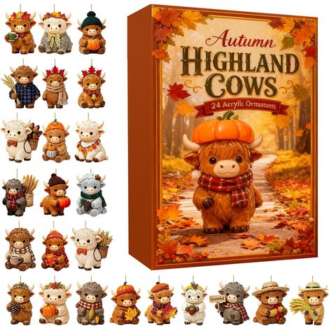 Adventskalender „Hochlandrind“ 2026 – 24 Teile – mehrfarbig – Acryl – 2D – Herbstmotiv – Hängende Ornamente – Sammelbare Mini-Dekorationen – Geeignet für Weihnachtsbaum und Innendekoration (1/5)