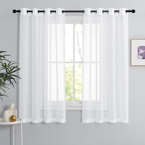 Rideau Blanc - Voilage Lot de 2 Rideaux Lin Naturel Effet 140 x 160 Décoration Maison Chambre & Hôtel pour Petites Fenêtres Draperies Souple à Oeillet Romantique (1/4)