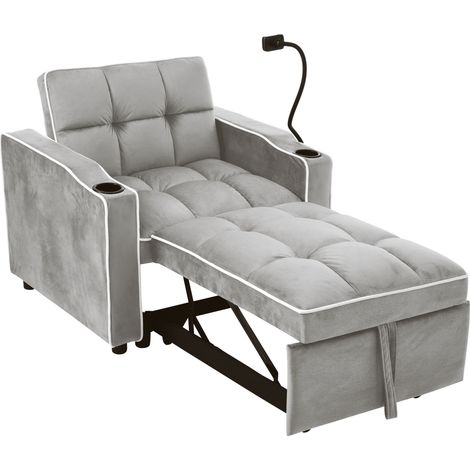 Sofá cama individual extraíble 3 en 1 de terciopelo gris con portavasos y soporte móvil (1/5)