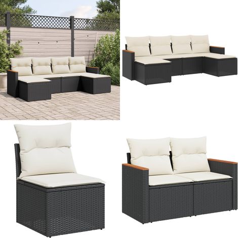 6-tlg. Garten-Sofagarnitur mit Kissen Schwarz Poly Rattan - Gartensofas - Outdoor-Möbel - Gartenmöbelset - Lounge Set - Rattanmöbel - Home & Living (1/5)
