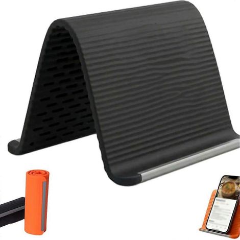 Flexible, faltbare und tragbare Handyhalterung aus Silikon mit Aluminiumkante und geriffelter, rutschfester Oberfläche. Kompatibel mit Smartphones und Tablets. 2010 cm. (1/5)