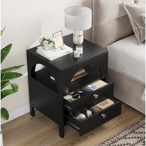 Comodino moderno in MDF nero con 2 cassetti e 1 vano aperto, 45 x 40 x 58 cm