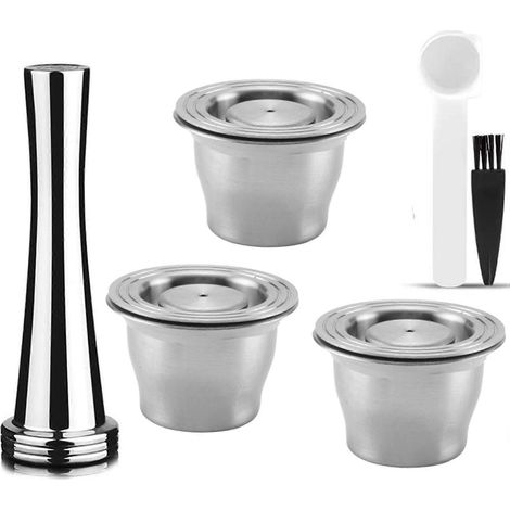 Capsules réutilisables en acier inoxydable, comprenant 6 tapis Nespresso remplaçables + 2 tasseurs + 2 cuillères + 2 goupillons. (1/5)