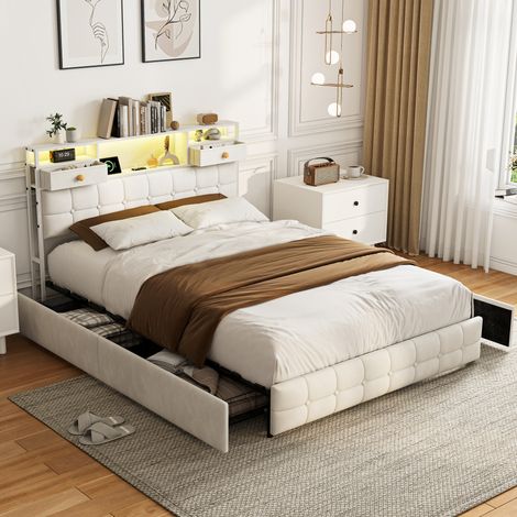 Lit double 140x200cm, avec Tiroirs Rangement, Beige Velours Moderne, LED réglable, Chargement USB, Cadre de Lit, lit capitonné