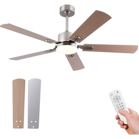 Ventilateur plafond 132x132x45,7 cm 5 pales, éclairage LED réglable, télécommande, moteur DC silencieux réversible 6 vitesses, nickel (1/5)