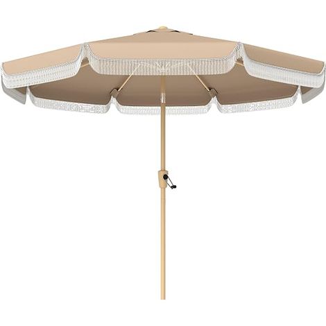 Parasol de jardin extérieur 266 cm, parasol inclinable avec franges, manivelle, 8 baleines, toile polyester 180 g/m² anti-UV 30+, pour balcon, piscine, terrasse, kaki (1/5)