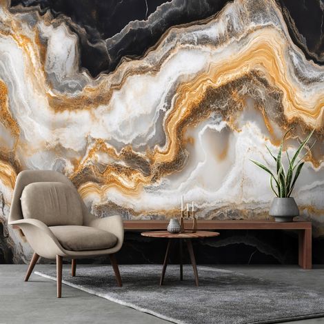 Vlies Fototapete Marmor 150x105 cm, Tapeten, für Wohn und Schlafzimmer, Vliestapete Wandtapete Tapete 3D Effekt- inkl. Kleister - Abstrakt Modern Schwarz Weiß gold, WallArena (1/4)