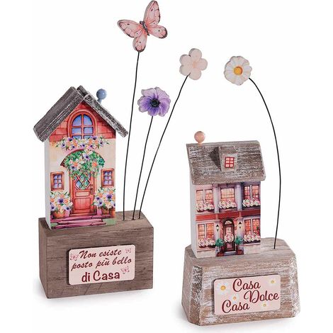 Maisonnettes décoratives en bois avec inscriptions et fleurs, lot de 4, 9,5 x 6 x H. 22 cm