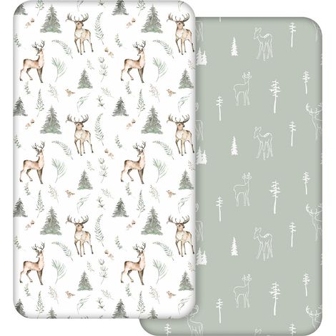 Fitted Sheets 100% Microfibre Breathable Comfortable Lightweight Fits All Shape Crib Mattresses Hourglass Oval (Deer) 2 Pack (1/5)