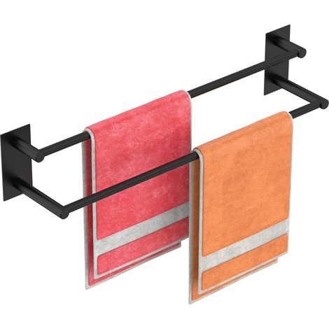 Porte-Serviettes sans Perçage, Porte Serviette Salle de Bain à Deux Bras, 44,5 cm Porte Serviettes de Bain Auto-Adhésif en Acier Inoxydable SUS304 Double Couche Brossé Mural - Noir (1/5)