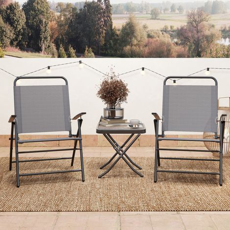 Conjunto de jardín de 3 piezas con 2 sillas plegables con respaldo ajustable y mesa, conjunto de mesa y sillas de jardín de acero y vidrio, conjunto de bistró para patio o jardín, color gris.