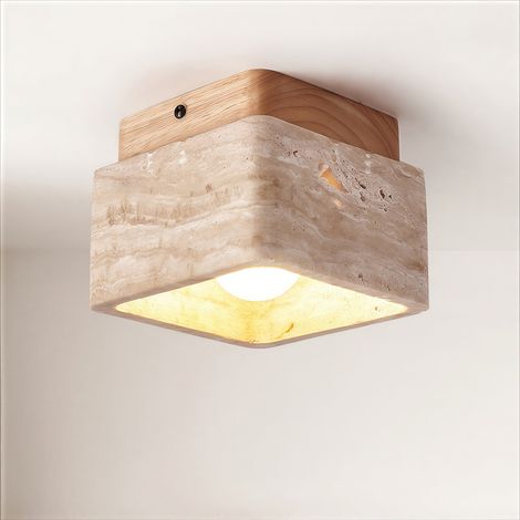 Plafonnier Intérieur 129cm, Lampe de Plafond en Pierre Jaune, Luminaire Moderne pour Salon Couloir Entrée Escalier (Ampoule Chaude Incluse) Carée Jaune+Bois (1/5)