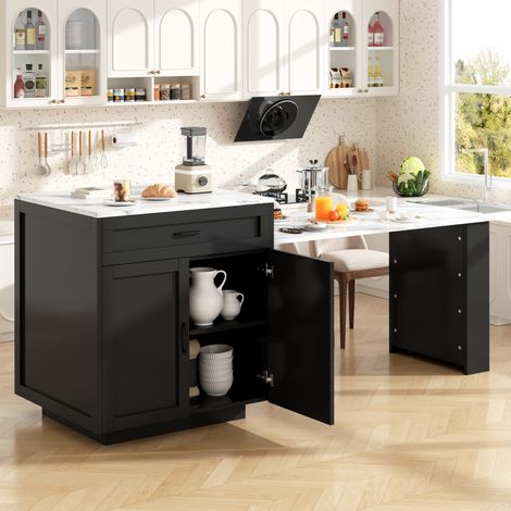 REDOM - Table haute extensible 98x70x93.5 cm, rangement avec 1 tiroir et 4 compartiments, roulettes verrouillables, MDF noir (1/5)